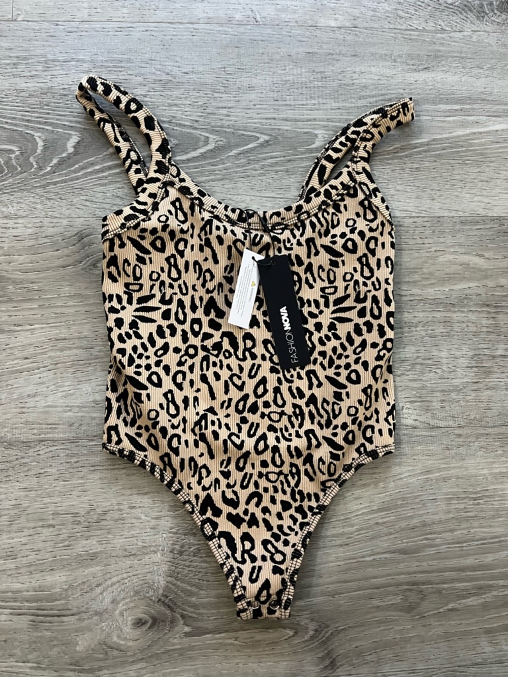 Fashion Nova Leopard-Print Ribbed One-Piece bodysuit  - Beige & Black